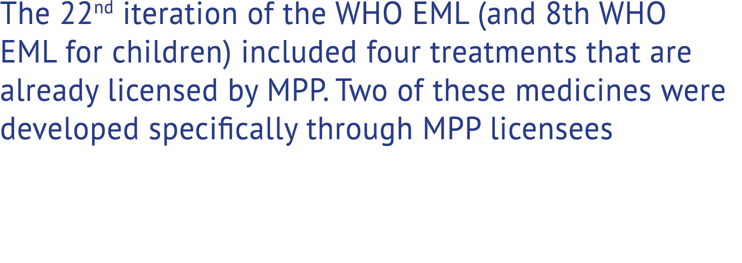 The 22nd iteration of the WHO EML (and 8th WHO EML for children) included four treatments that are already licensed b...