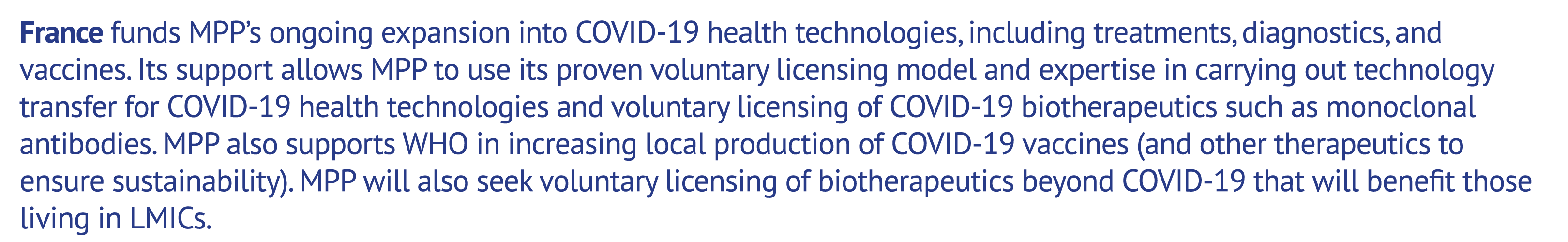 France funds MPP’s ongoing expansion into COVID 19 health technologies, including treatments, diagnostics, and vaccin...